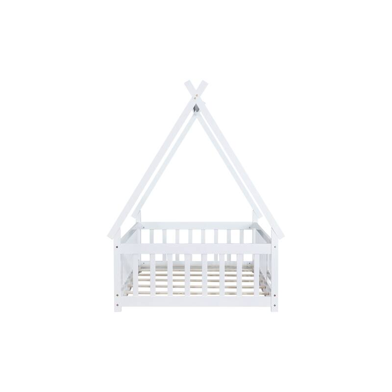 White Twin Tent-shaped Floor Bed with Guardrails, Slats and Door - Teepee Design