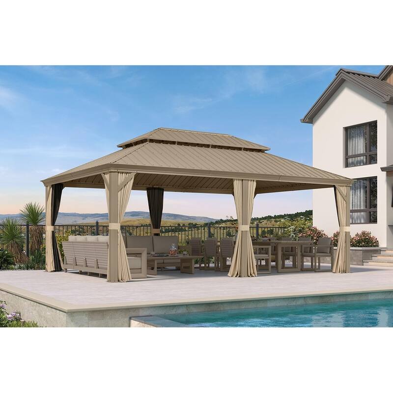 PURPLE LEAF Outdoor Hardtop Gazebo Pro Champagne Metal Frame Galvanized Steel Double Roof with Curtains and Netting for Poolside - 14' x 20' - Champagne Pro