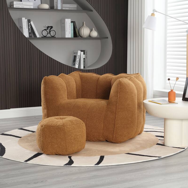 Modern Chenille Bean Bag Chair with Ottoman, Set of 1