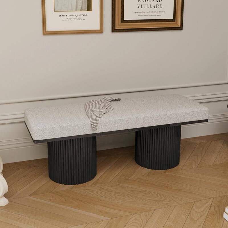 Contemporary Upholstered Bed-End Bench with Black Chunky Legs - Light Grey