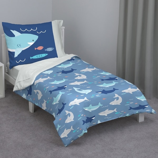 slide 2 of 5, Everything Kids Navy and Light Blue Shark 4 Piece Toddler Bed Set