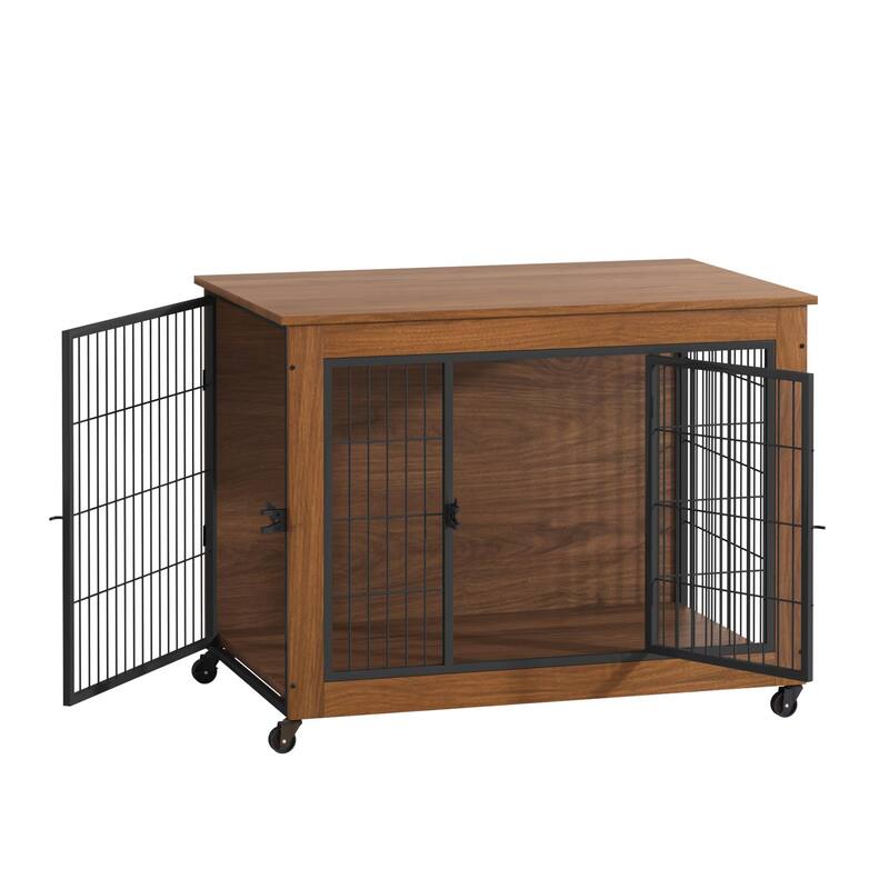 38.6" Dog Crate Furniture with Wheels for Small Dogs, Heavy Duty Dog Kennel Indoor with 2 Doors, Wooden Pet Cage End Table