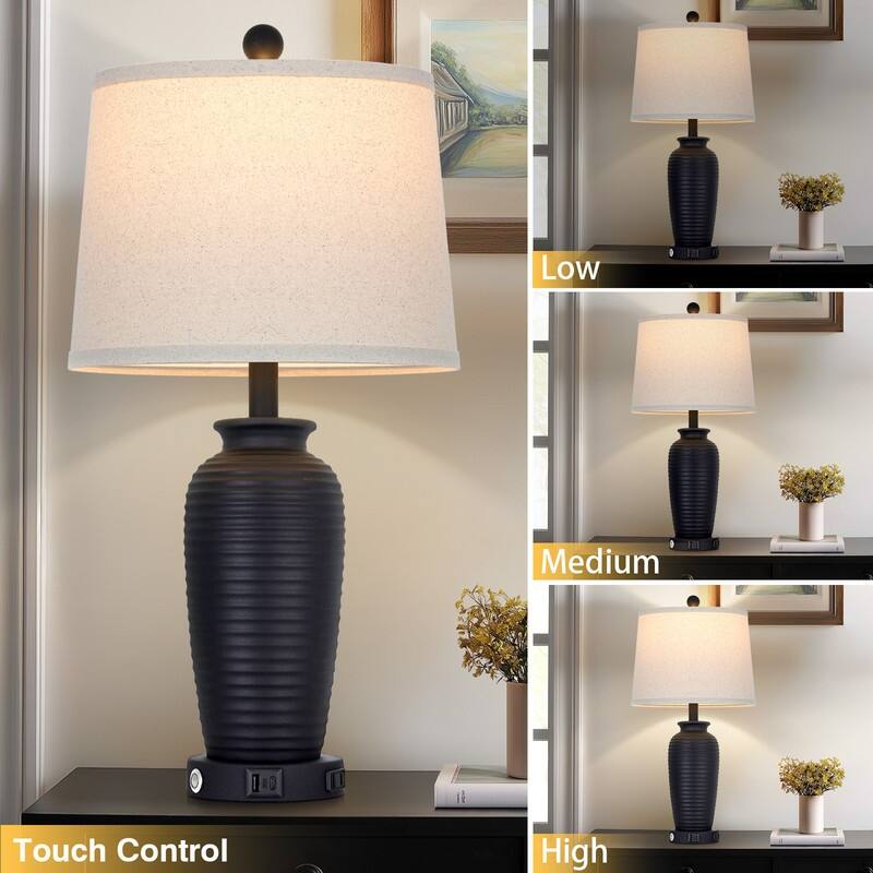 Set of 2 Bedside Resin Table Lamps with 3-Way Touch Control and Dual USB Ports