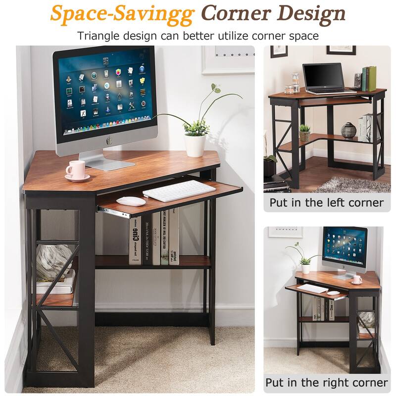 VECELO Triangular Corner Desk with Keyboard Tray Space Saving Metal Computer Desk for Home Office Study Bedroom