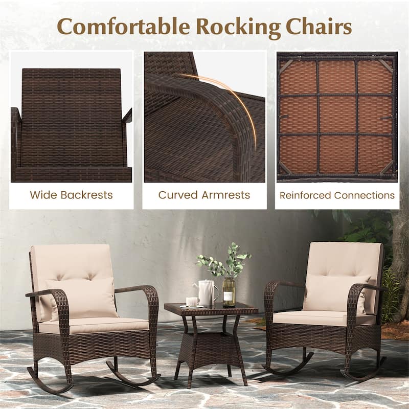 Gymax 3PCS Outdoor Rocking Set Rattan Rocker Chairs w/ Tempered Glass