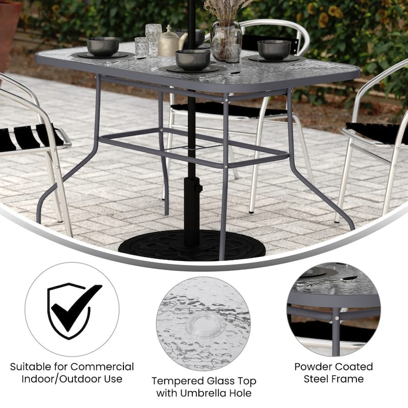 Commercial Tempered Glass and Steel Patio Table with Umbrella Hole - N/A