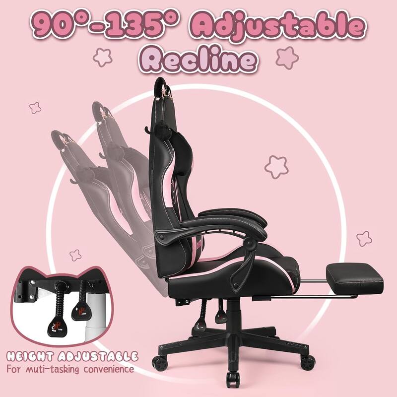 BOSSIN Gaming Chair with Cat Ears and Cat Paw Cushion Pillow,Cute Kawaii Reclining Computer Chair for Girl with Footrest