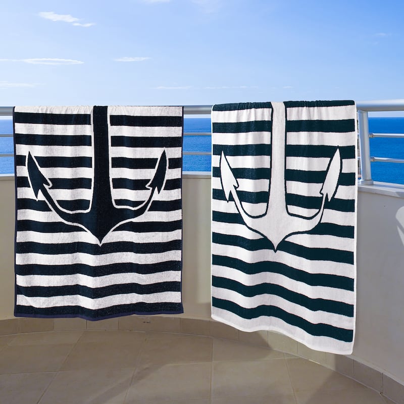 Yacht Club Cotton Oversized Soft 2-Piece Beach Towel Set by Superior - navy blue-white
