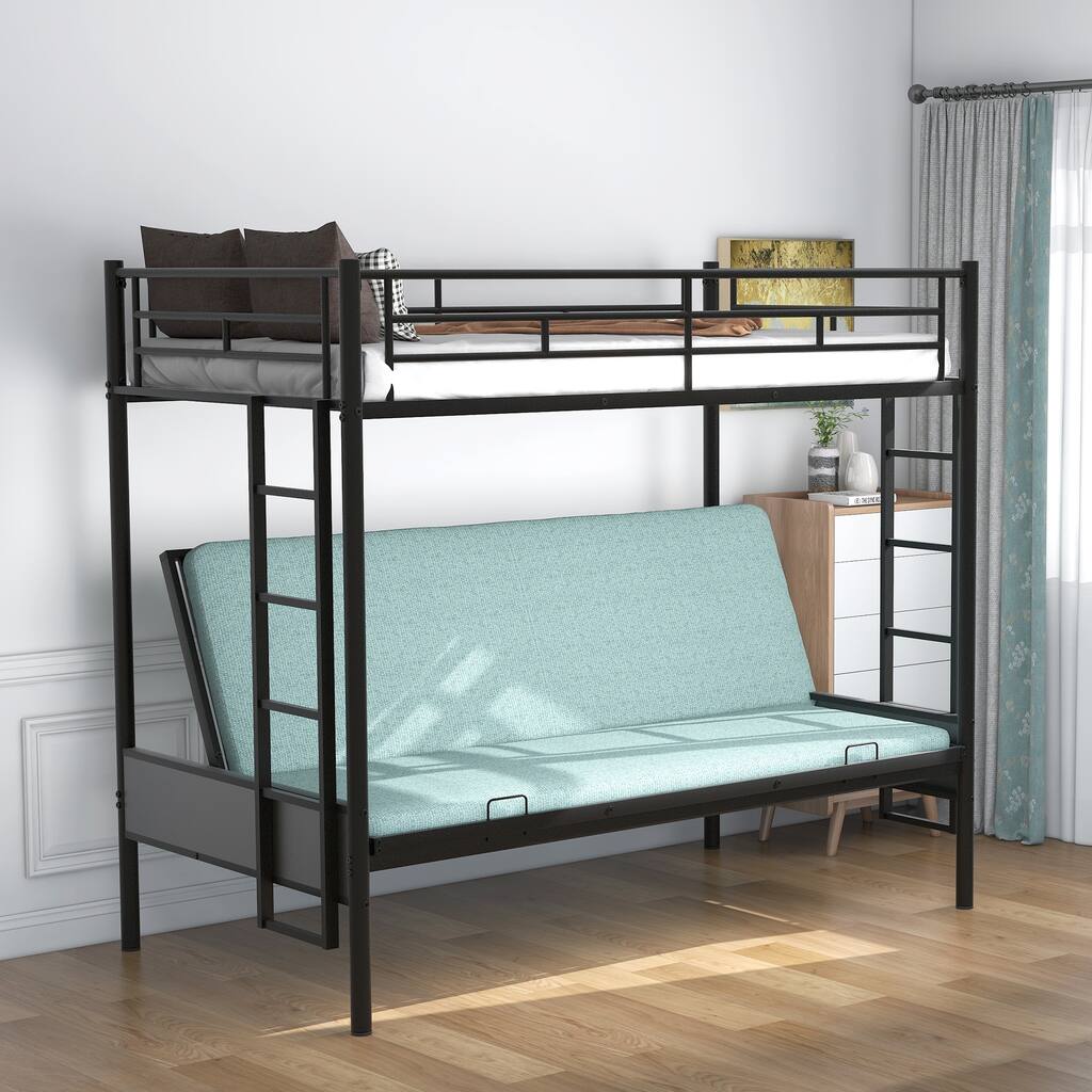 Twin Over Full Bunk Bed with Futon Sofa Multi Function Metal Frame