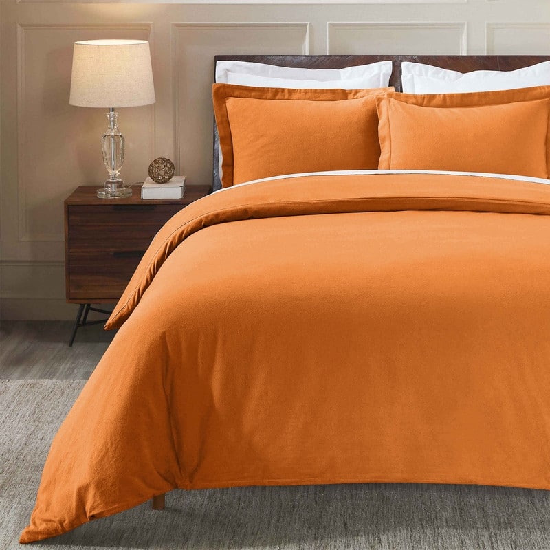 Superior Classic Solid Flannel Cotton Duvet Cover Set - Full - Queen - Pumpkin