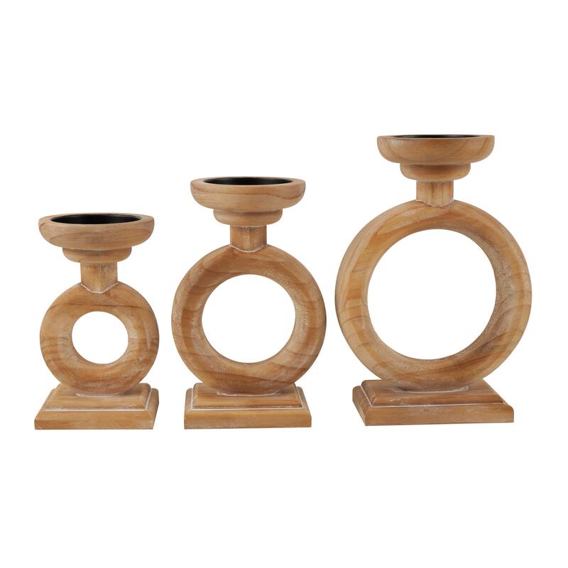 Brown Wood Circular Ring Candle Holder (Set of 3)