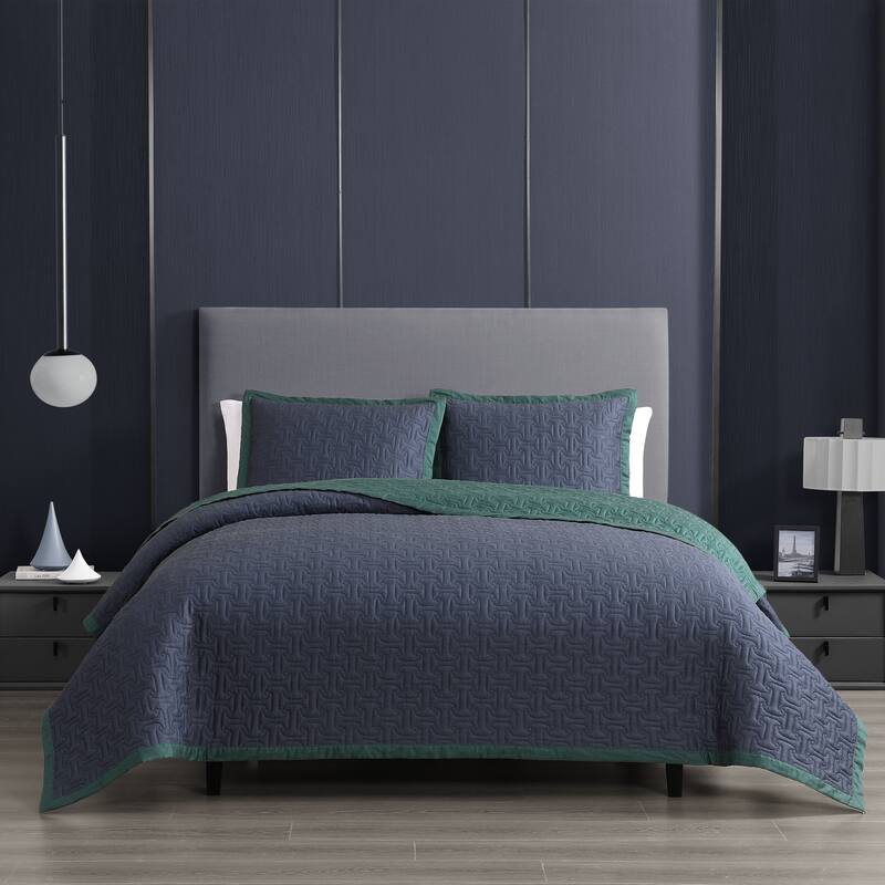 Bebejan 100% Cotton Sateen 3 Piece Textured Quilted Coverlet Set - Navy/Green - King