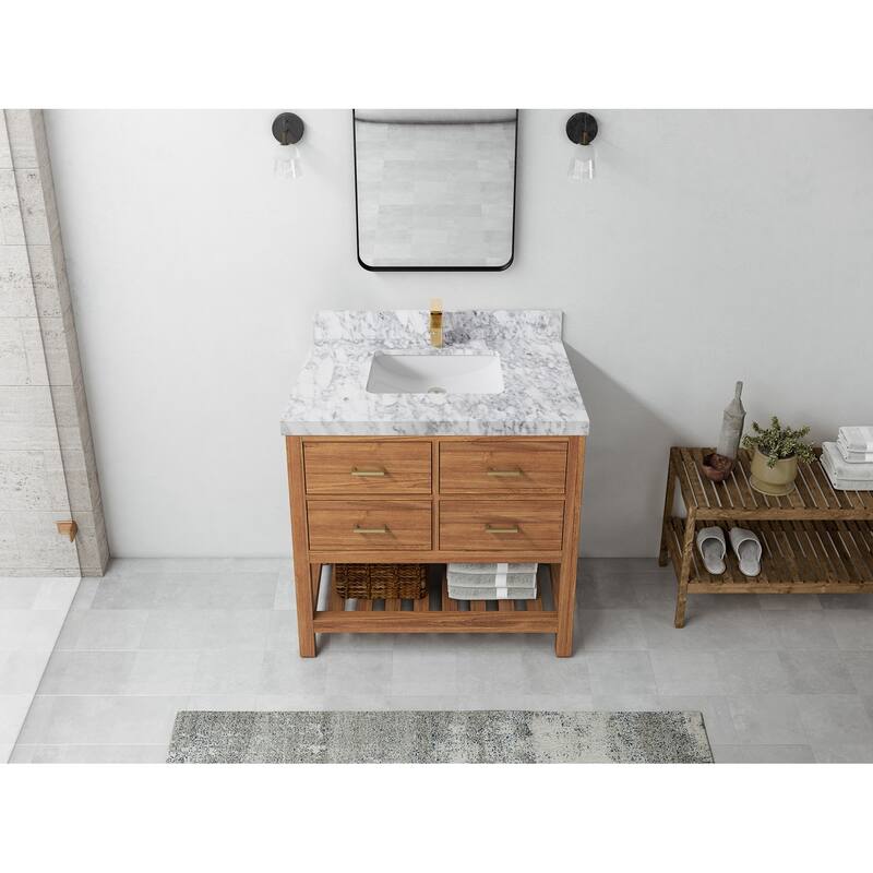 Willow Collections 36 in. W x 22 in. D Parker Solid Teak Wood Single Sink Bathroom Vanity with Quartz or Marble Countertop - 2"Carrara Marble - Golden Teak