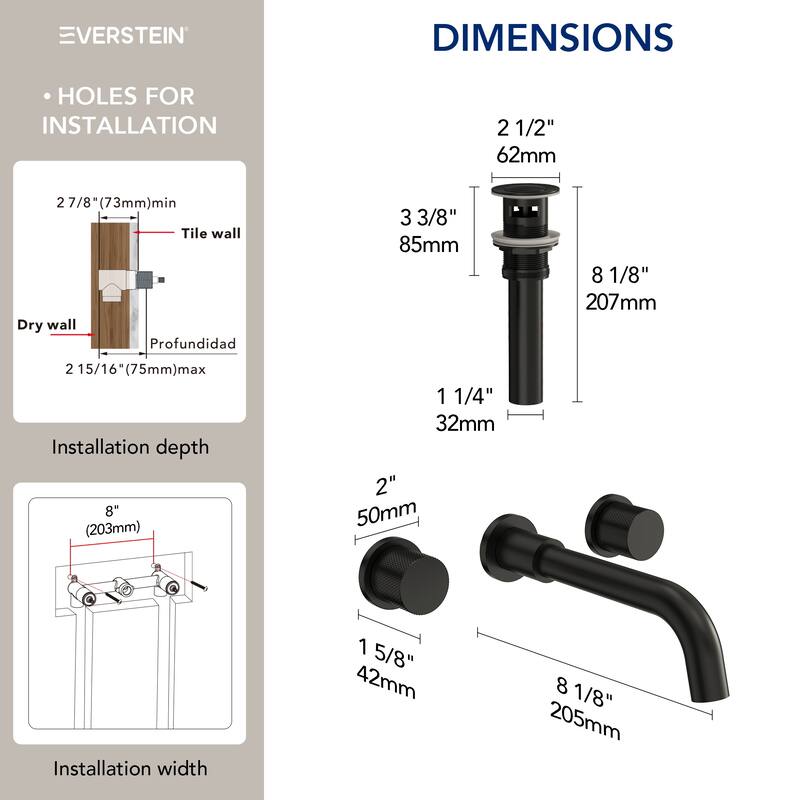 Wall Mount Stainless Steel Bathroom Sink Faucet 3 Hole 2 Handles Bathroom Faucet