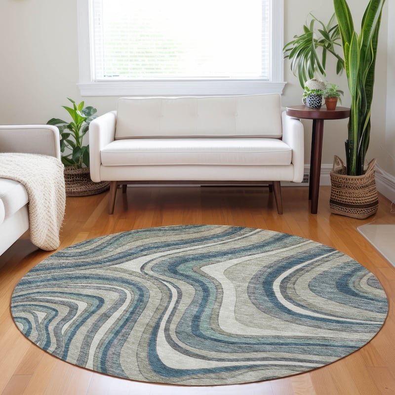 Premium Washable Super Soft Modern Waves Mayfield Rug - Teal - 8' x 8' - Round
