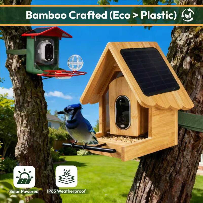 Smart Solar Bamboo Bird Feeder with Camera and AI Identify Bird Species - 9.8" W x 9.57" D x 7.87" H