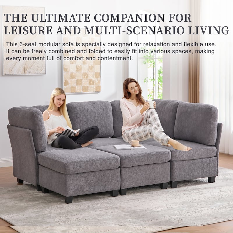 HOMEFUN 6-Seat Polyester Upholstered U-Shaped Modular Storage Sleeper Sectional Sofa with Storage Ottoman