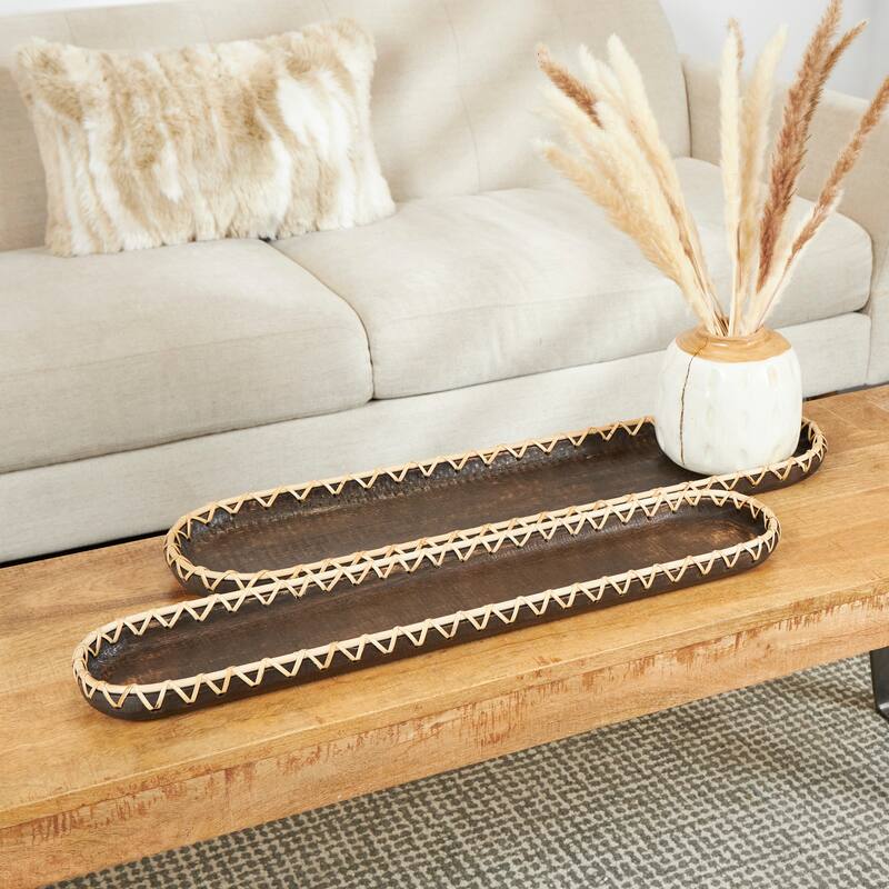 Wood Handmade Nesting Tray with Hand Sewn Seagrass Accents - Set of 2 Dark Brown - Roche River Decor - 7"W x 28"L x 2"H