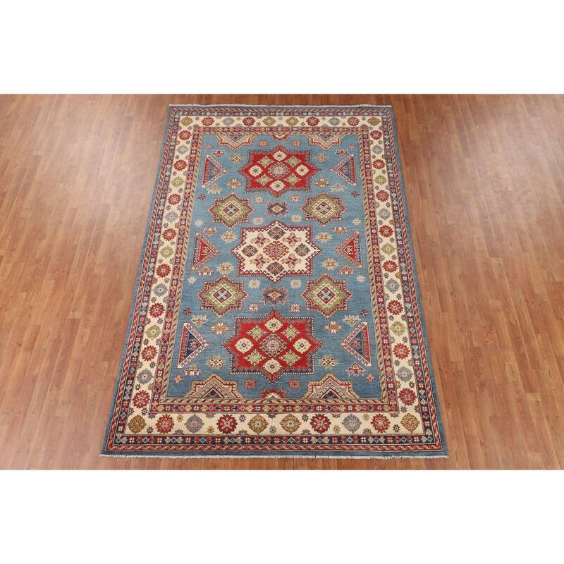 Blue Kazak Oriental Area Rug Hand-Knotted Wool Carpet - 6'7" x 9'10"