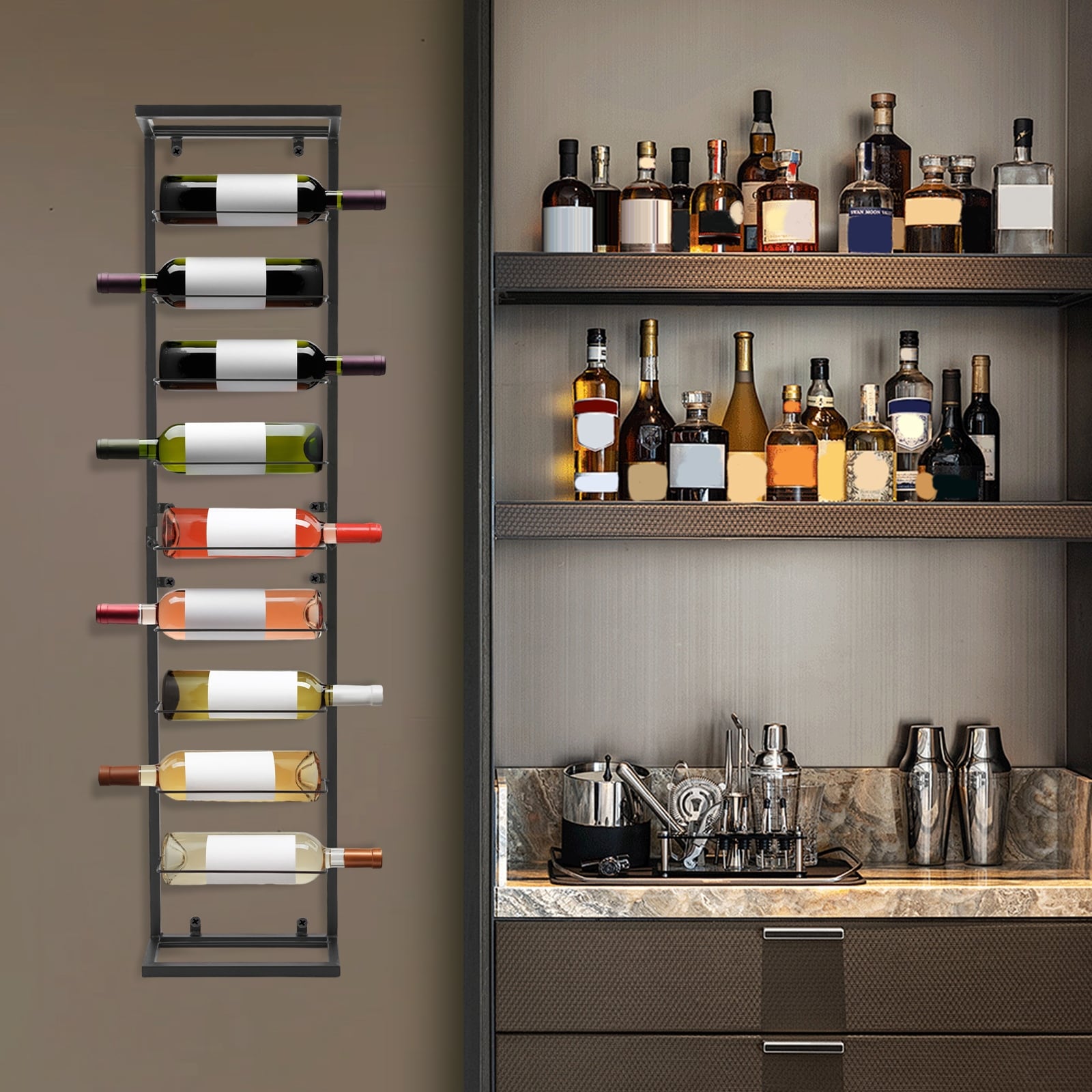 Large 10-Tier Wall Mounted Wine Rack - Tall Bottle Storage Display Shelf For Restaurants, Bars, Home Cellar (131.88"H)