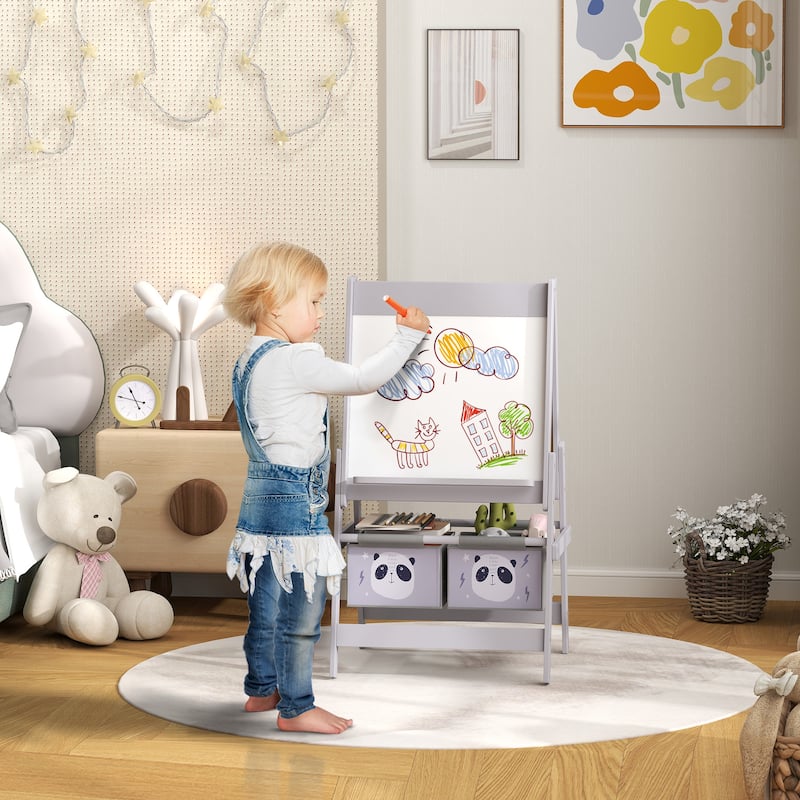 Qaba Art Easel for Kids with Paper Roll, Blackboard, Whiteboard - Grey