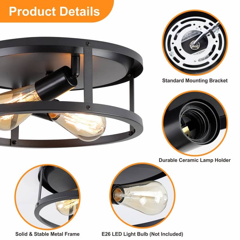 2-Light Black Farmhouse Flush Mount Ceiling Light-2 Pack
