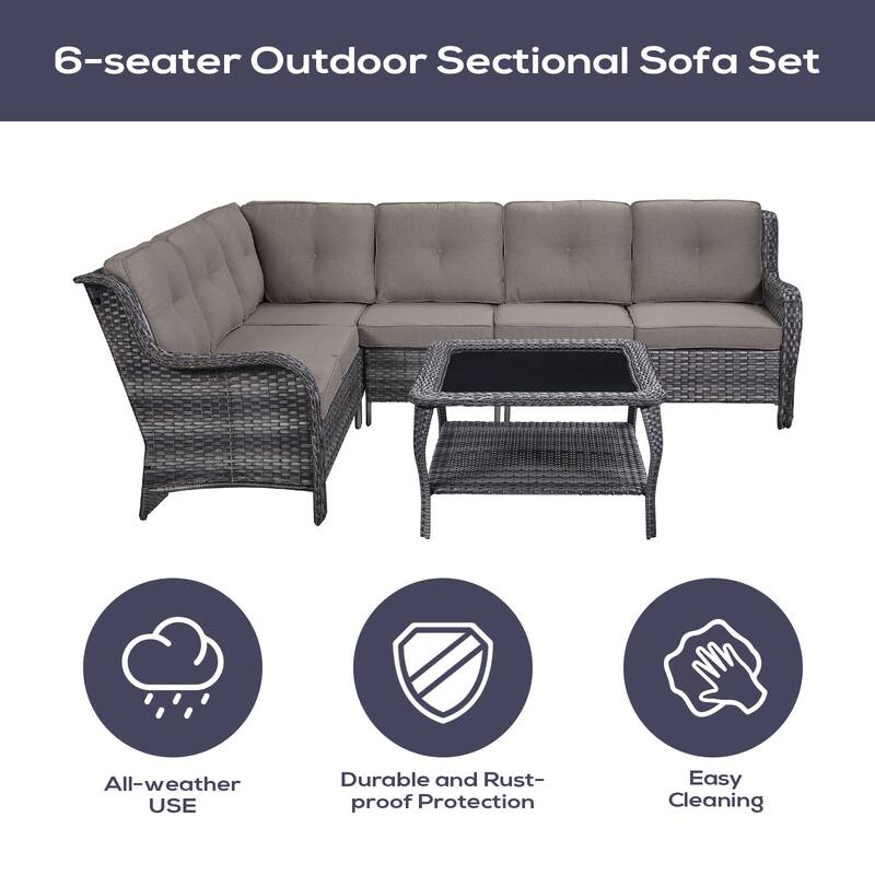 Gymojoy 6-seats L-Shaped Outdoor Corner Sectional Sofa Couch Conversation Set