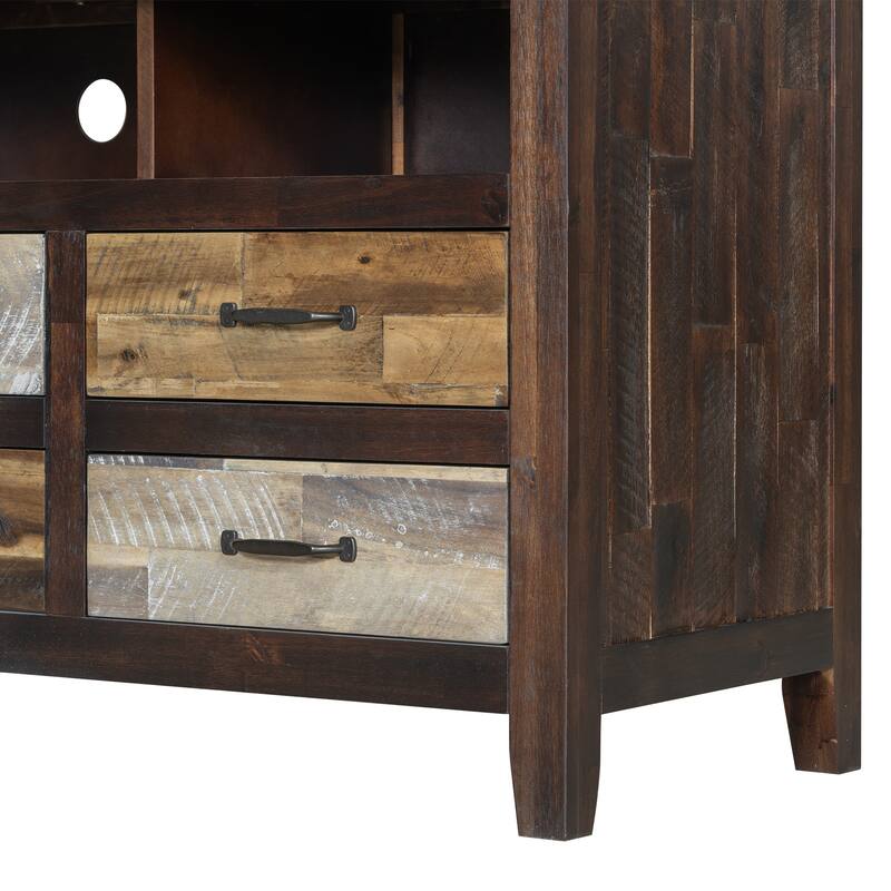 64" Distressed Wood TV Stand, 6 Drawer Storage & 3 Shelves, Cable Management - Farmhouse Style