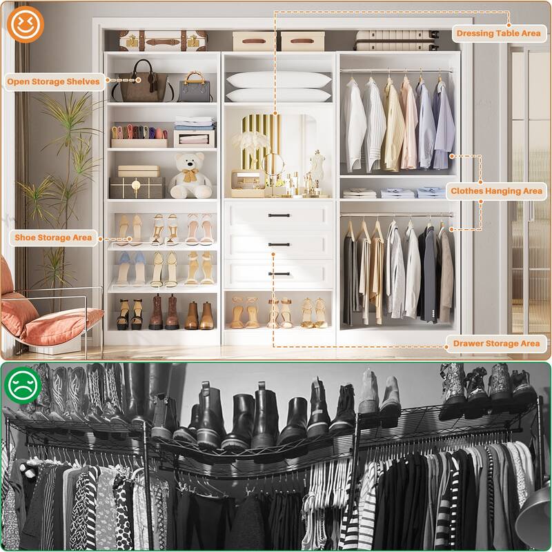 Cimly Set of 3 Freestanding Closet System with Drawers, Adjustable Closet Organizer with Hanging Rods and Shoe Racks