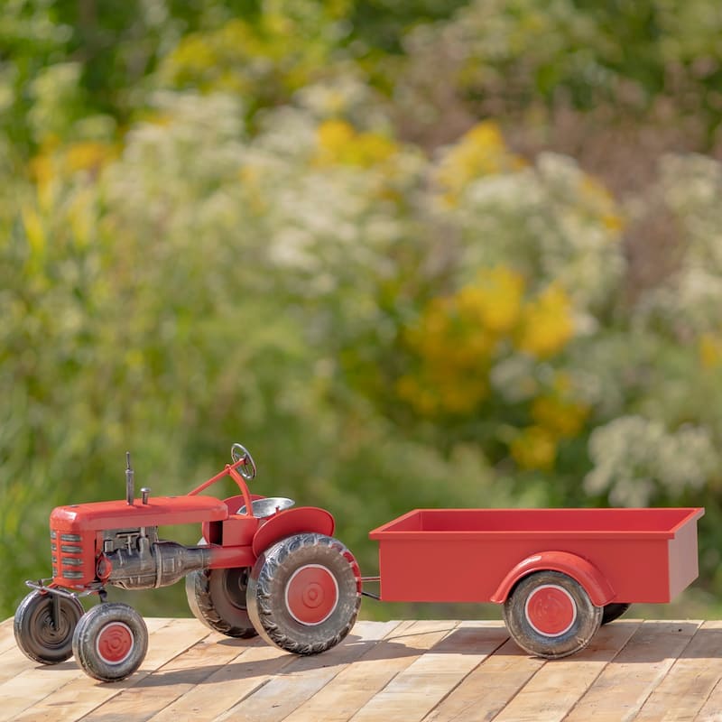 3.4 ft. Long Small Red Metal Tractor with Cart "The Aldean"