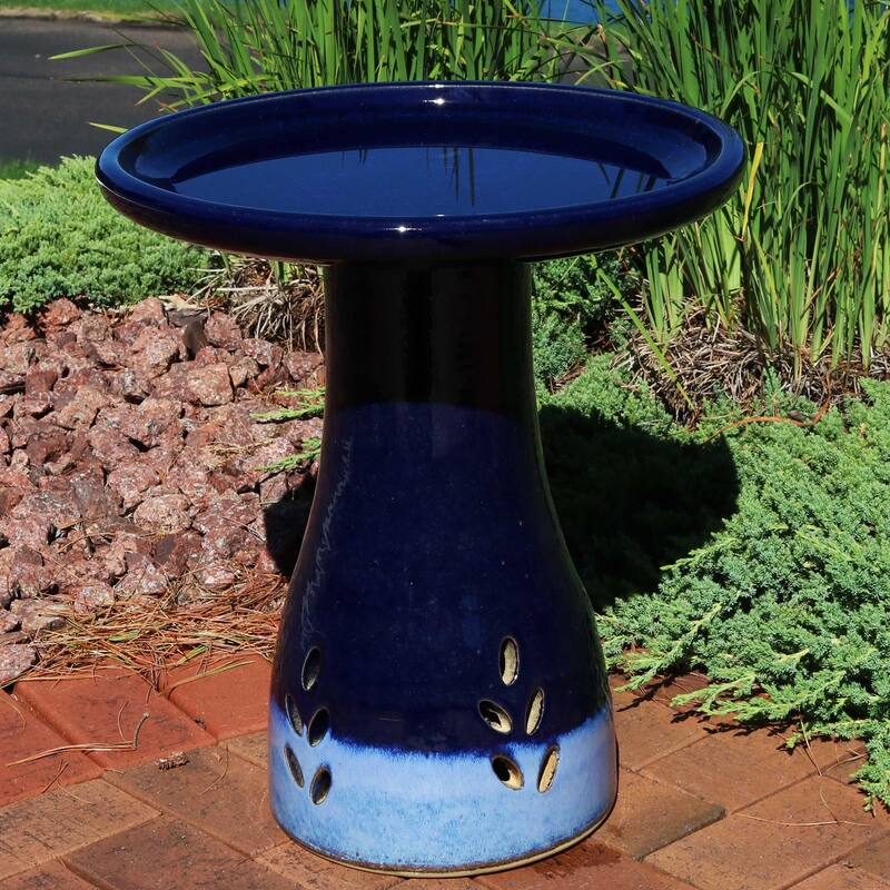 Sunnydaze Glazed Ceramic Outdoor Bird Bath - UV/Frost Resistant - Blue