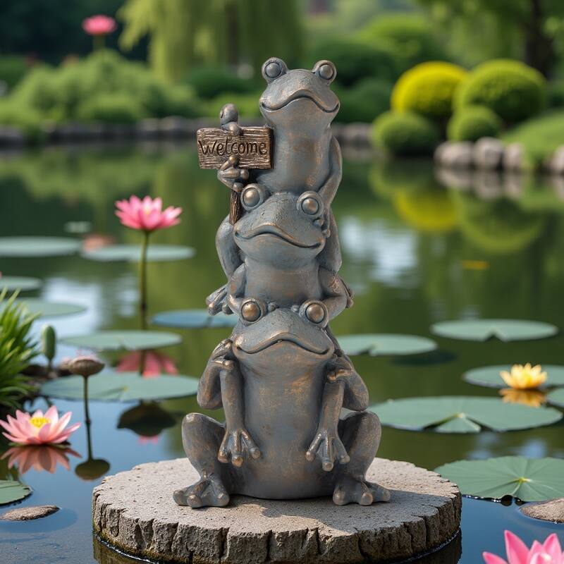 Glitzhome MGO Lucky Stacked Frogs Garden Statues with "Welcome" Sign Zen-style Sculpture - 28"H Stacked Frog