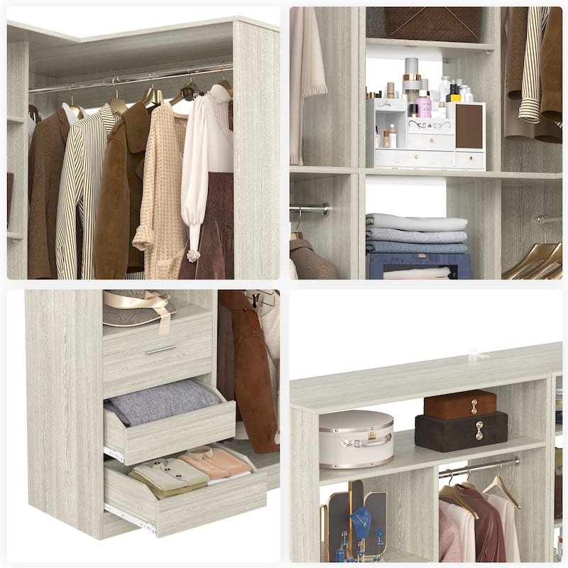 Qvella Set of 2 Corner Closet System with Drawers and Hanging Rods,72 Inches Wide Closet Organizer for Walk-in Closet