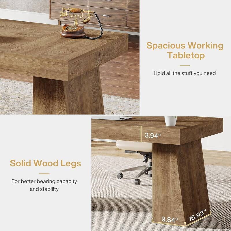 55 Inches Mid-Century Executive Desk with Double Trapezoid Base
