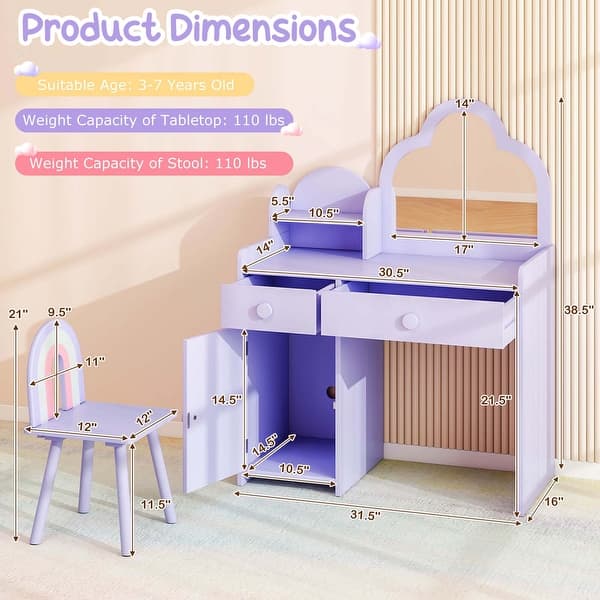 dimension image slide 0 of 3, Costway Kids Vanity Table and Chair Set with Cloud-shaped Mirror Open - See Details
