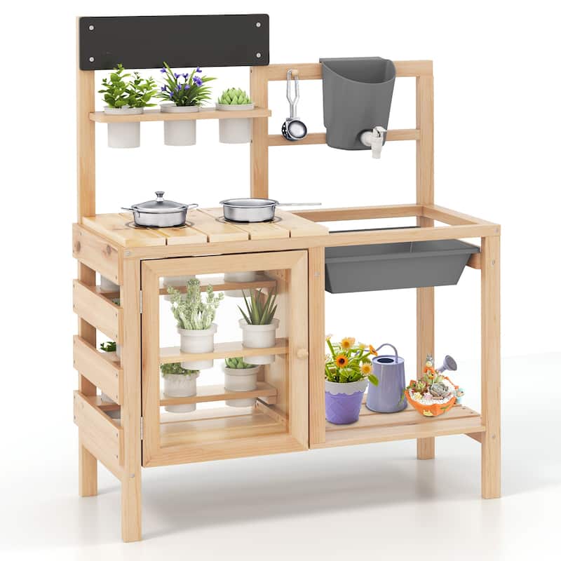 Gymax Mud Kitchen Kids Pretend Play Kitchen Toy Set Outdoor Wooden - Natural