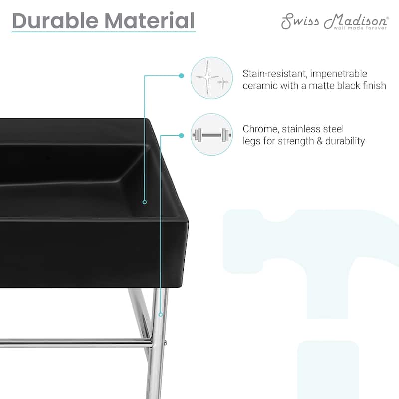 Reims 24 Ceramic Console Sink Matte Black Basin Chrome Legs - 16.55" x 35.45" 24"