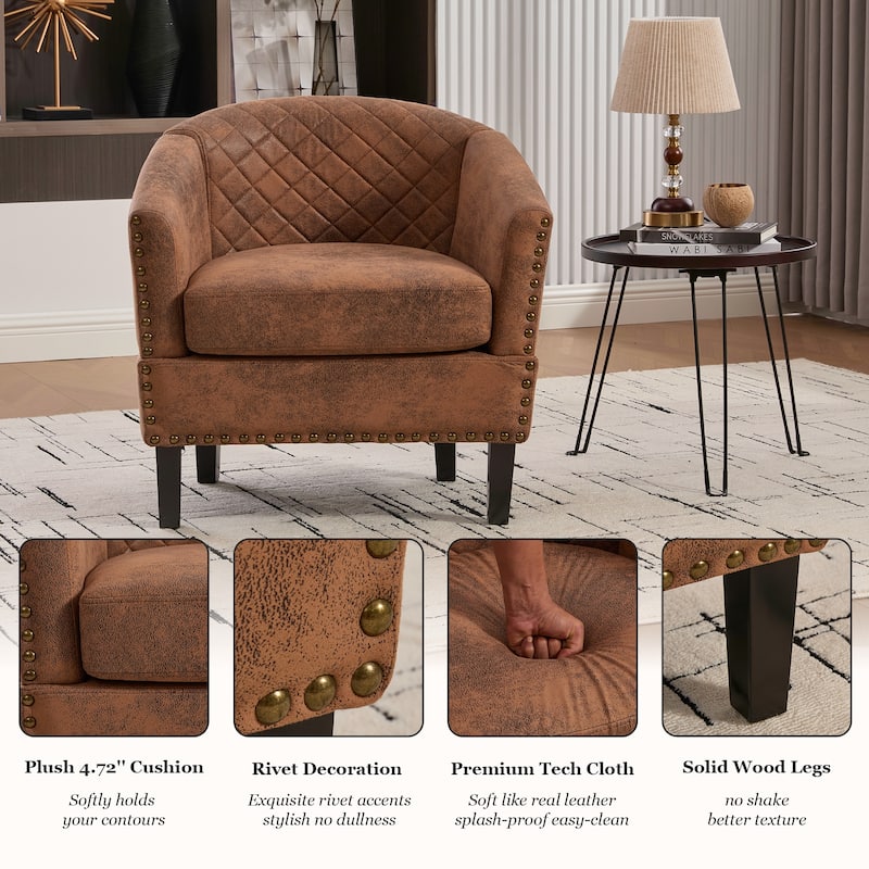 HOMEFUN Leather Upholstered Nailhead Wooden Frame Barrel Club Chair with Solid Woood Legs