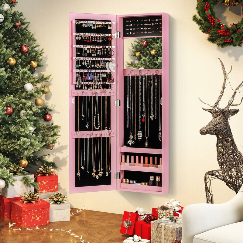 Wall Mounted or Door Hanging Jewelry Cabinet with Full Length Mirror and Inner Makeup Mirror - 12.5" x 3.7" x 43.5"