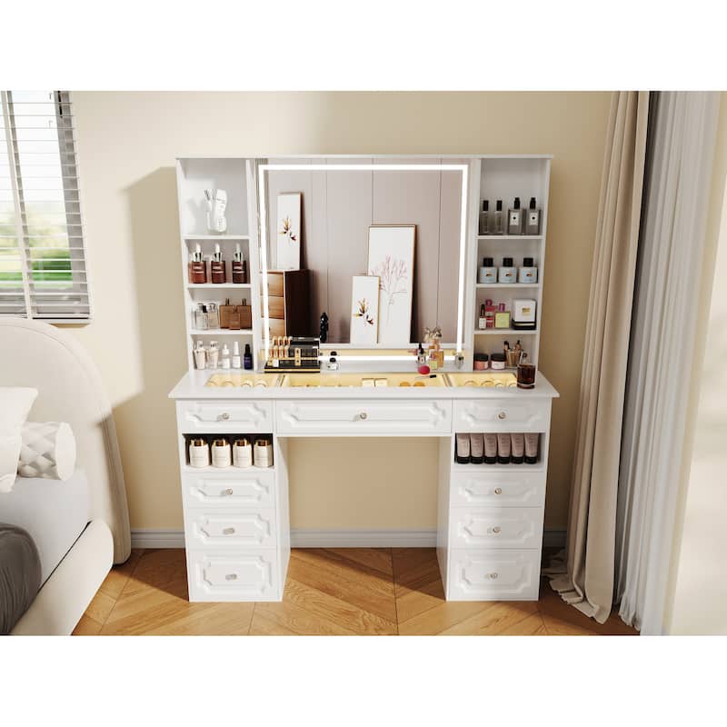 White/ Black Makeup Vanity with Lighted Mirror,Extra Large Vanity Desk with 9 Drawers,European Style Vanities