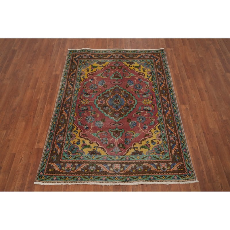 Hand Knotted Oriental 100% Wool Carpet Traditional Floral Pink Tabriz Area Rug - 6' 0'' X 4' 5''
