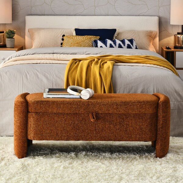 Oval Chenille Fabric Storage Bench Large Ottoman for Bedroom Entryway or Living Room Orange Bed Bath Beyond 42404114
