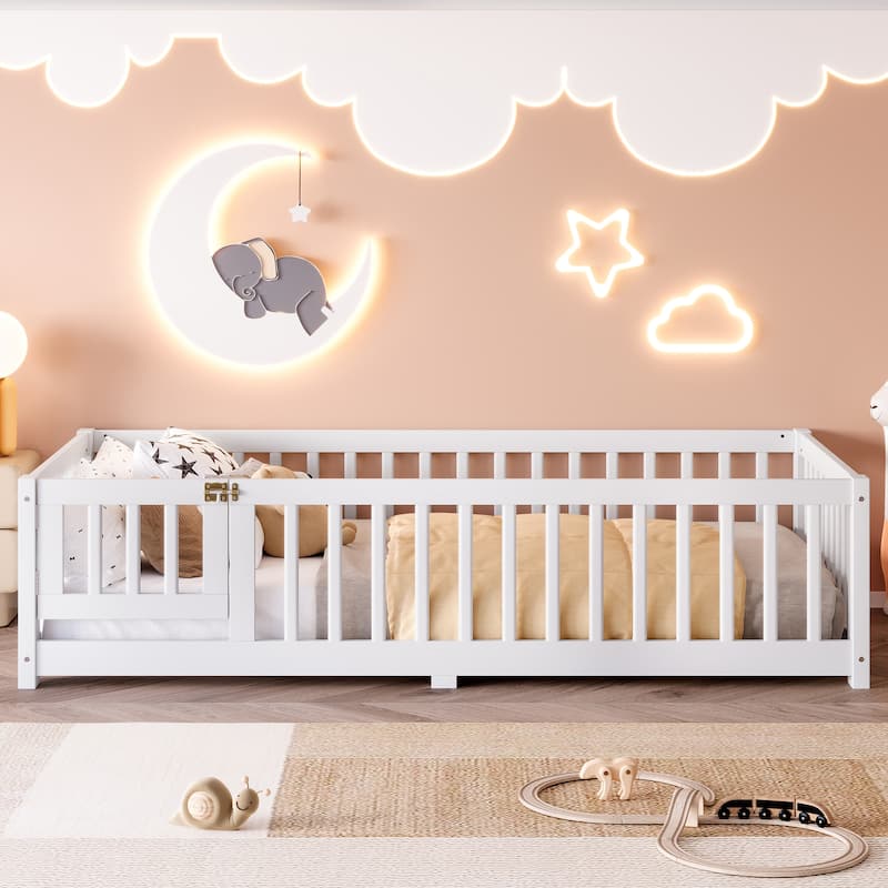Twin Size Bed Floor Bed w/ Safety Guardrails & Door for Kids - White - White