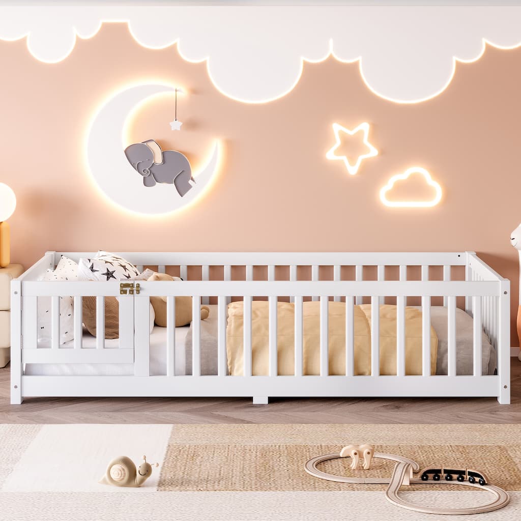 Twin Size Bed Floor Bed w/ Safety Guardrails & Door for Kids - White
