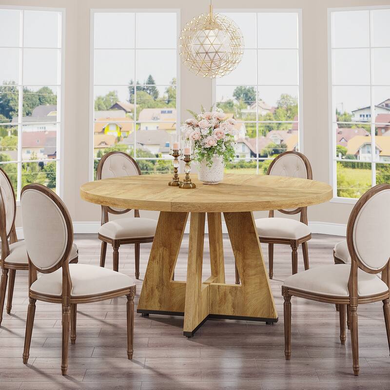 47 Inch Round Dining Table for 4, Wood Farmhouse Dinner Dinning Table for Kitchen Dining Living Room