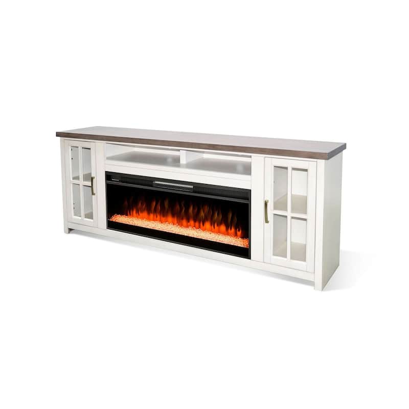 Gery TV Media Console w Crystal Fireplace, 76 Inch, 2 Cabinets, White