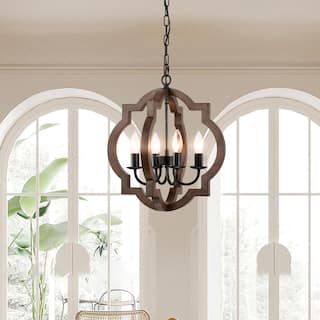 Adoncia 4-light Brown Natural Wood and Antique Black Metal Chandelier - Brown Natural Wood and Antique Black
