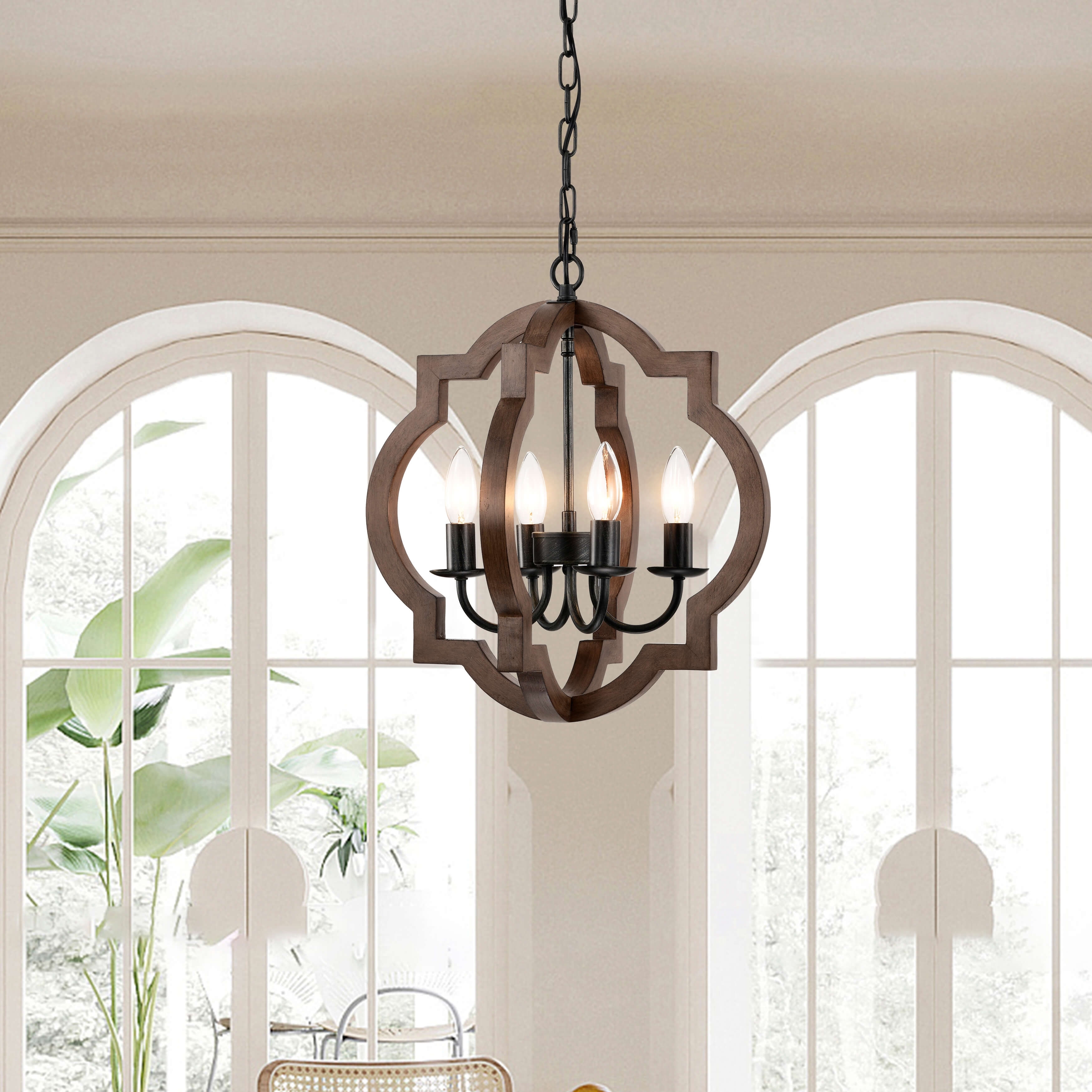Adoncia 4-light Brown Natural Wood and Antique Black Metal Chandelier