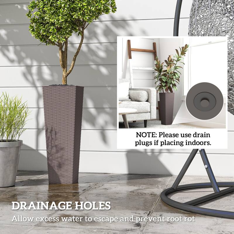 Outsunny 23.6 Inch Tall Planters for Outdoor Plants, Set of 2 Plastic Rattan-Like Flower Pots Front Porch