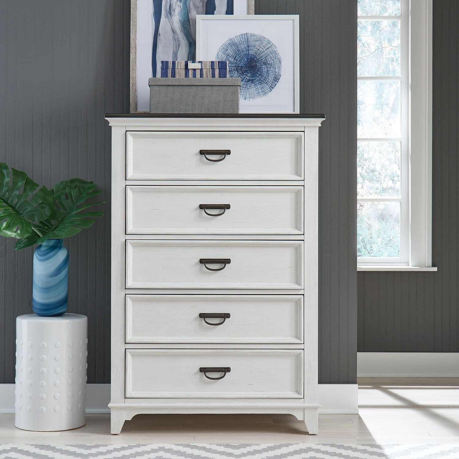 Liberty Furniture Allyson Park Bedroom 5 Drawer Chest Wirebrushed White with Charcoal Tops